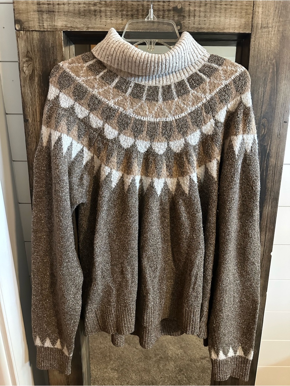 Long Tall Sally XL Women’s Wool Blend  Fair Isle Turtleneck Sweater Brown Cream